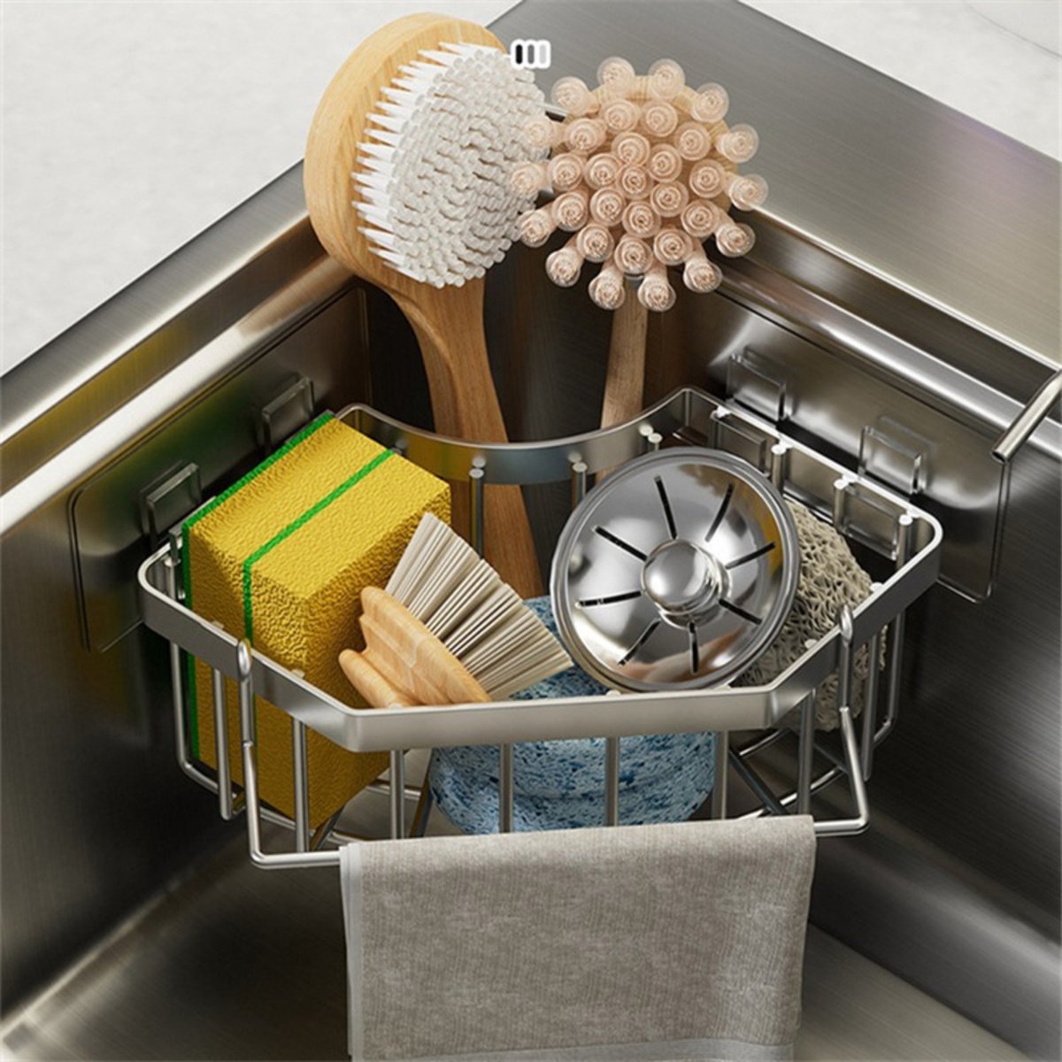 CHIWIN Keuken Opbergrek Driehoekig – Waterafvoer Sponsenrek Zonder Boren – Roestvrijstalen Afdruiprek voor Keuken en Badkamer