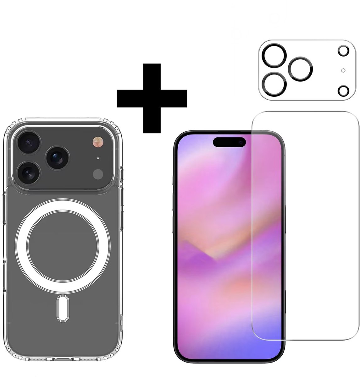 VOWLUX Compatible iPhone 17 Pro MagSafe hoesje 3-in-1 tempered glass set – transparant val bestendig hoesje + screenprotector + cameralens protector