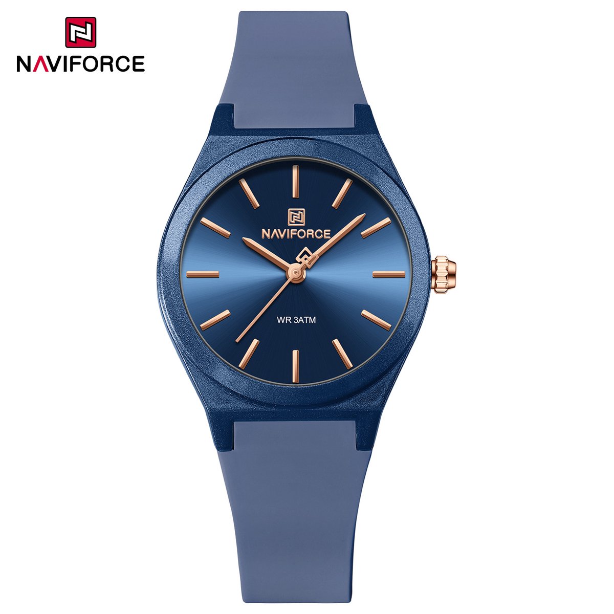 NAVIFORCE horloge met blauwe gefumeerde siliconen polsband, blauwe wijzerplaat met gouden wijzers en blauwe horlogekast voor dames met stijl (Model 5056 BEBE)