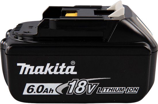 Zwarte Makita 18V 6.0Ah lithium-ion accu met gele connector en witte ontgrendelingsknop.