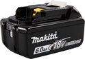 Zwarte Makita 18V 6.0Ah lithium-ion accu, zijaanzicht, met gele connector en witte ontgrendelingsknop.