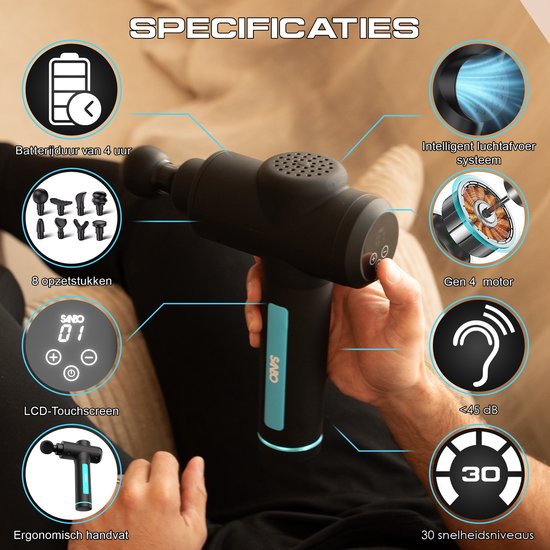 Sanbo Massage Gun Professioneel Gen 4 - Met 8 Opzetstukken - Massage Apparaat - Massageapparaat Massagegun - Massage Pistool - Zwart