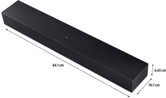 Zwarte soundbar van 64,1 cm breed, 10,7 cm diep en 6,65 cm hoog.