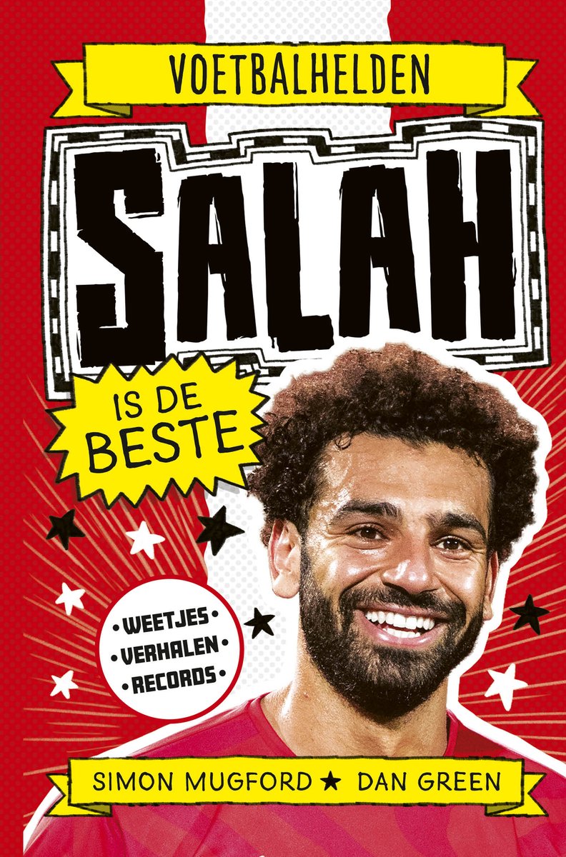 Boekomslag 'Voetbalhelden Salah is de beste' met Mo Salah lachend, rode achtergrond met sterren.