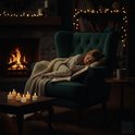 Een kind slaapt in een fauteuil bij een open haard, met kerstverlichting en led-theelichtjes op een salontafel.