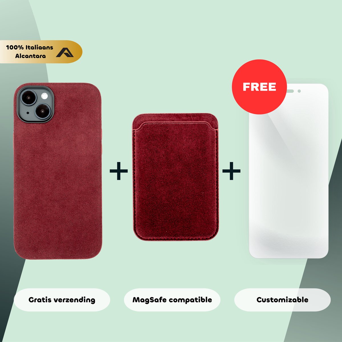 iPhone 14 Plus – Alcantara Case + MagSafe Wallet + Gratis Screenprotector | Ruby Red