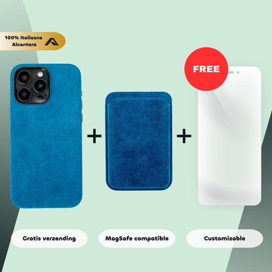 iPhone 16 Pro Max – Coque Alcantara + Portefeuille MagSafe + Protection d'écran offerte | Bleu saphir