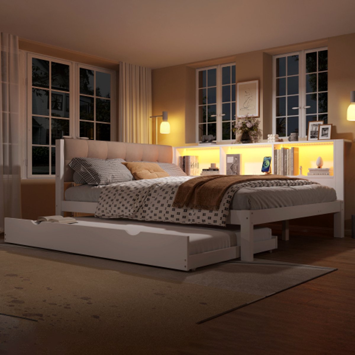Dagbed, slaapbank, 140x200 cm, eenpersoonsbed (zonder matras), met uitschuifbaar bed, met dimbare ledstrip, met handig opbergrek, met USB-aansluiting, 90x200 cm, grenenhout, wit