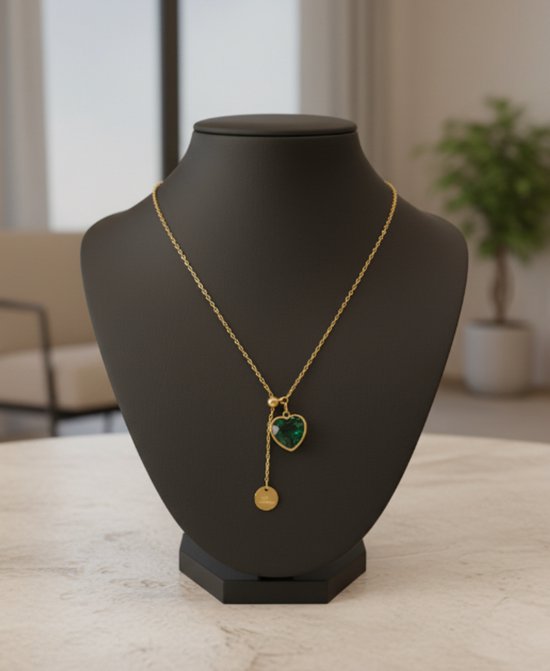 Collier doré avec pendentif vert en forme de cœur - collier pour femme - chaîne à maillons avec pendentif fantaisie