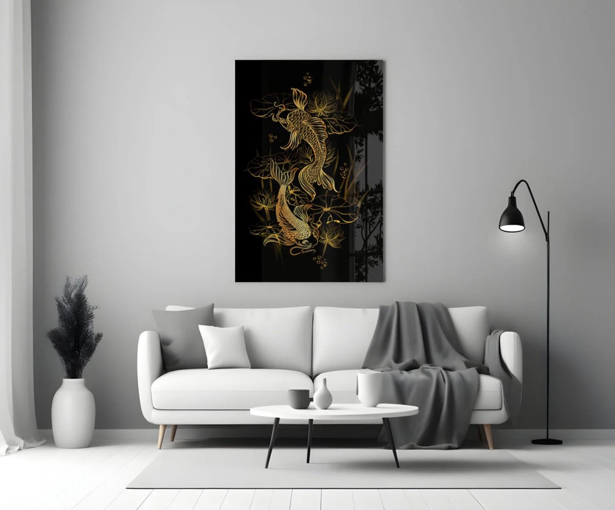 Glasschilderij - Gouden Koi Vissen met Lotus - Luxe Wanddecoratie - 90x60 cm