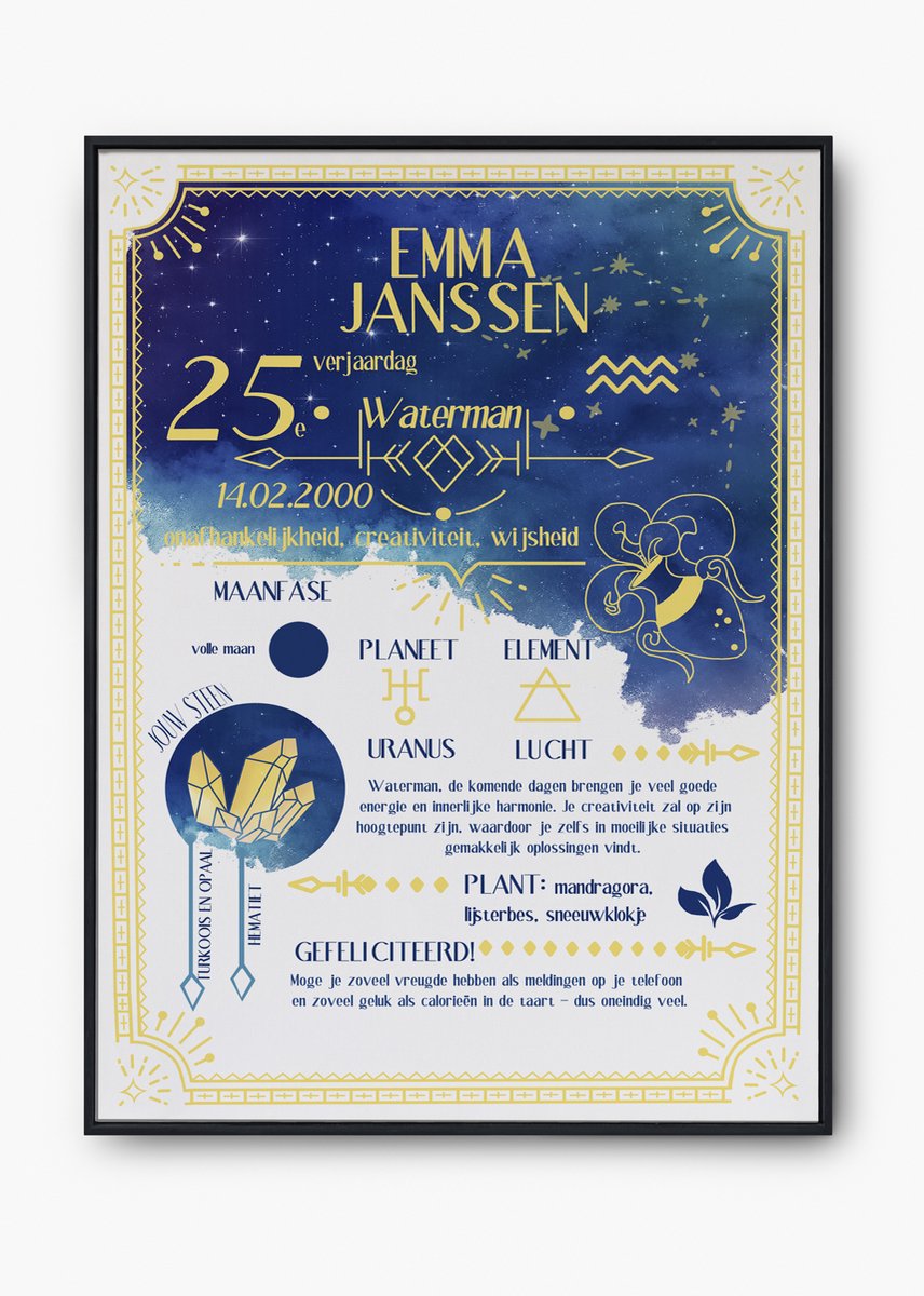 Gepersonaliseerde Sterrenbeeld Poster-Uniek Verjaardagscadeau-Zodiac Waterman- Horoscoop & Geboortedatum-maat A4-verjaardagsposter