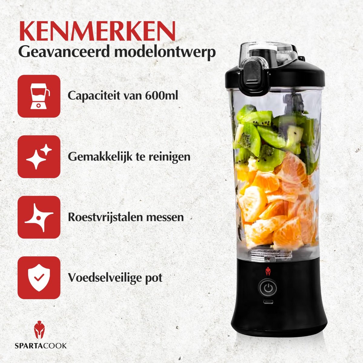 Spartacook Mini Blender 600 ml - Draagbare Blender - USB Oplaadbaar - Voor Smoothies & Shakes – foto 5