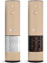 GOV® Peper- en Zoutstel Elektrisch - Beige - RVS Regular XL- Oplaadbaar - Pepermolen - Cadeau - Set- Roestvrijstaal - Keramische Maler - Verlichting - Zoutmolen