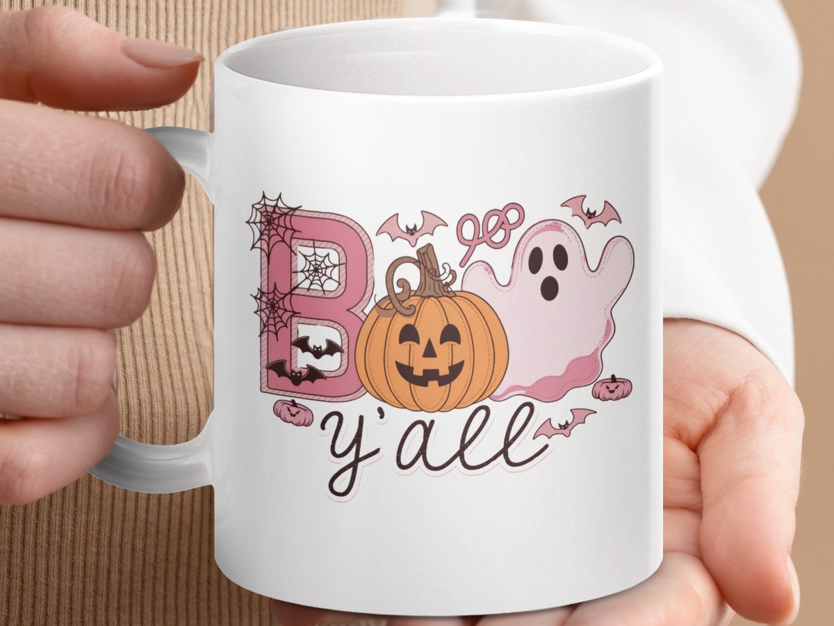 Mok Boo Y'all Halloween Mug, Spooky Ghost Pumpkin Fall Coffee Mug, Cute Autumn Drinkware, Funny Halloween Gift, Holiday Mugs