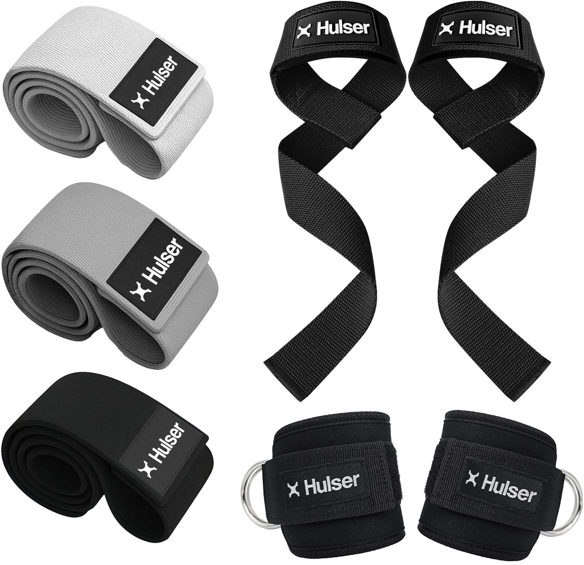 Hulser Sportieve bundel - 2 Ankle straps, 2 Lifting straps en Resistance band set - Zwart - Enkel strap - Wrist wraps grips - Enkelband Cuff - Weerstandsband - Fitness booty band - Stretch elastiek - Krachttraining & Lifting