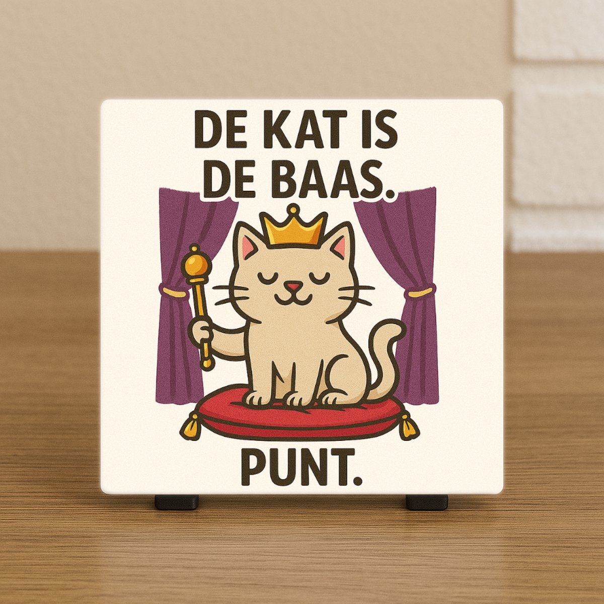 CreaCraft Wenstegel – Humor Kat – De kat is de baas. Punt. – Trendy Nu –Decoratie – Zomaar – Kattenliefhebber – Decoratief Tegeltje met Standaard – Cadeau Idee Illustratie