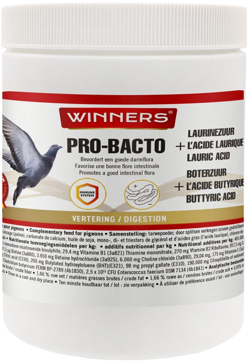Belgian Winners Pro-Bacto + Laurinezuur 500g - supplement voor duiven - probiotica, darmwerking, spijsvertering, conditie