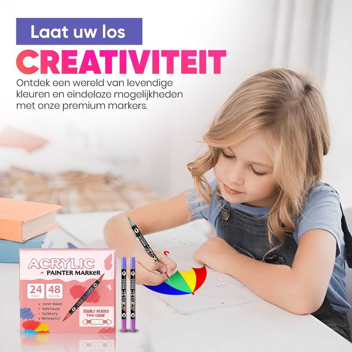 Creabae - Dual Tip Acryl Stiften 0.7 MM - Premium Acrylstiften Voor Stenen Schilderen - 48 Kleuren - Tekenset - Acryl Marker — afbeelding 7
