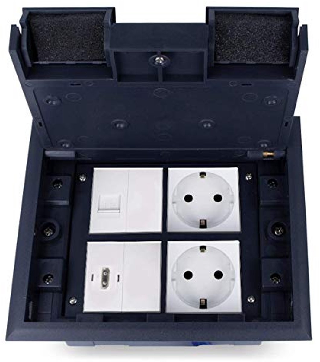 Vloerstopcontact 4-voudig met HDMI, netwerkmodule en blindafdekkingen voor inbouw