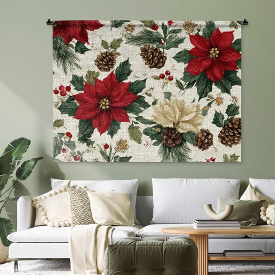 Wandkleed 120x90 cm - Wanddoek Feestelijk - Textielpatroon - Kerstbloemen - Kleurrijk - Wandtapijt - Wandkleden