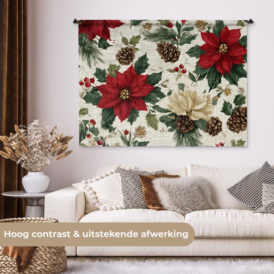 Wandkleed 120x90 cm - Wanddoek Feestelijk - Textielpatroon - Kerstbloemen - Kleurrijk - Wandtapijt - Wandkleden
