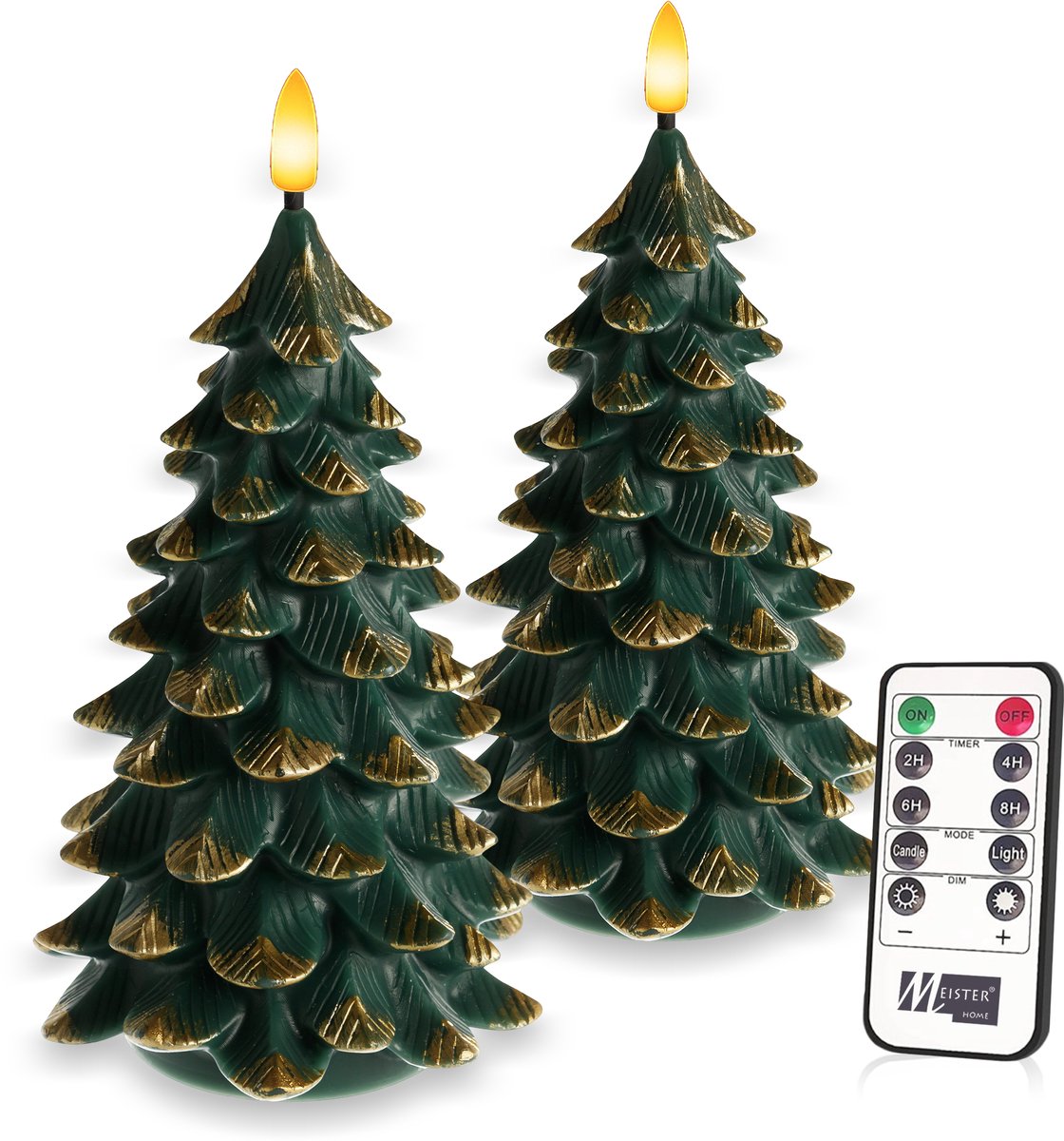 Meisterhome LED Kaarsen Kerstboom – 2-delige Set – Echte wax - met Flikkerend Licht – Timer & Afstandsbediening – Warm Wit – Batterij – 12×12×19 cm Groen