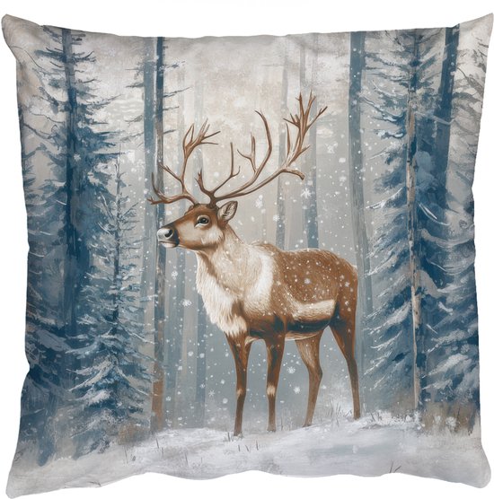 Coussins décoratifs - Oreillers de salon - 50 x 50 cm - Renne - Neige - Forêt - Wit