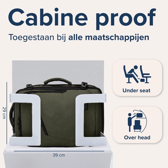 Olijfgroene rugzak past in een cabine rek van 39x29 cm.