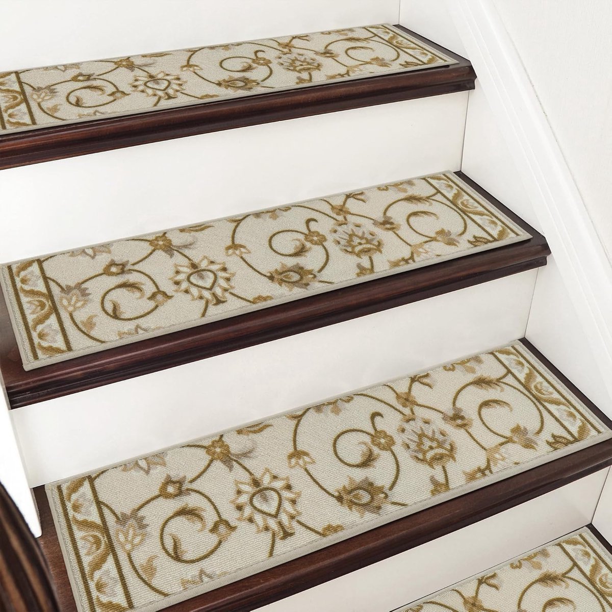 Candala Set van 4 trapmatten, 70 x 22 cm, zelfklevend, met stijlvol patroon, machinewasbaar, 100% polyester, TPE-rug, bloemenranken
