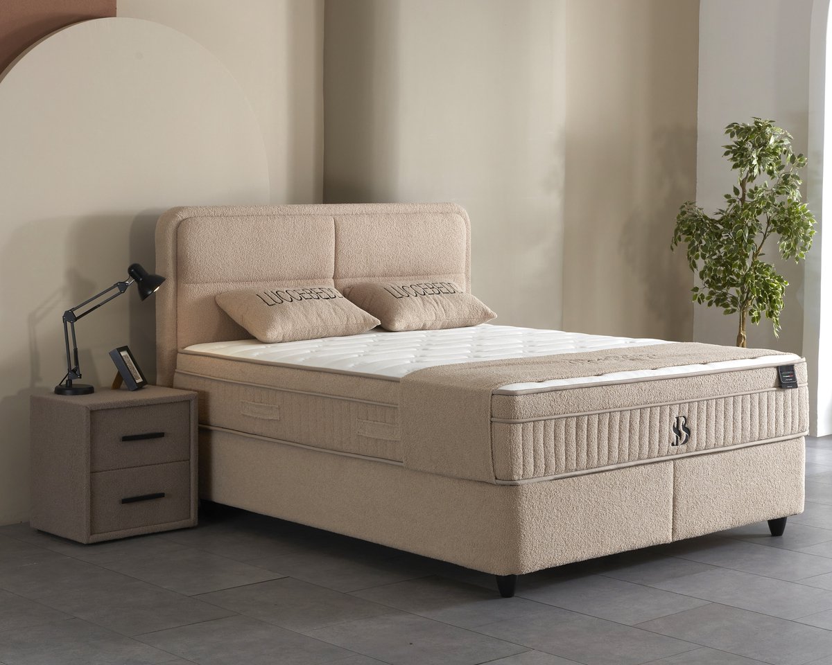 BSS Bedding Luccebedd - Complete Boxspring - Boxspring 140x200 - Boxspring met Opbergruimte - Bedden - Slaapkamerbed - 1 x Matras met Topper - 2 x Bedbox - 1 x Hoofdbord -Vlekbestendige & Gemakkelijk te Reinigen Stof Sand Beige