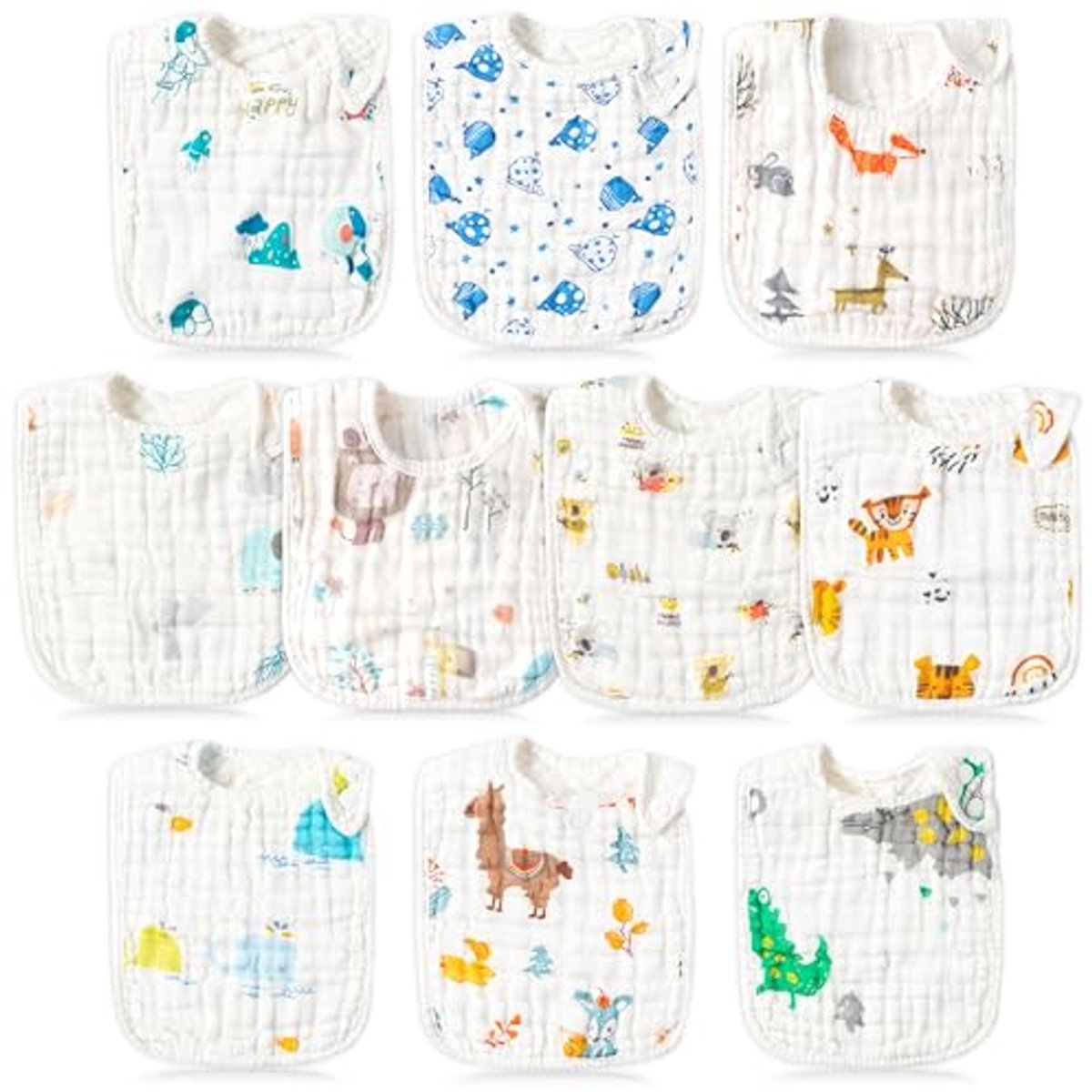 Snap Mousseline Katoenen Slabbetjes - 10 Stuks Verstelbare Bandana Kwijlslabbetjes voor Baby