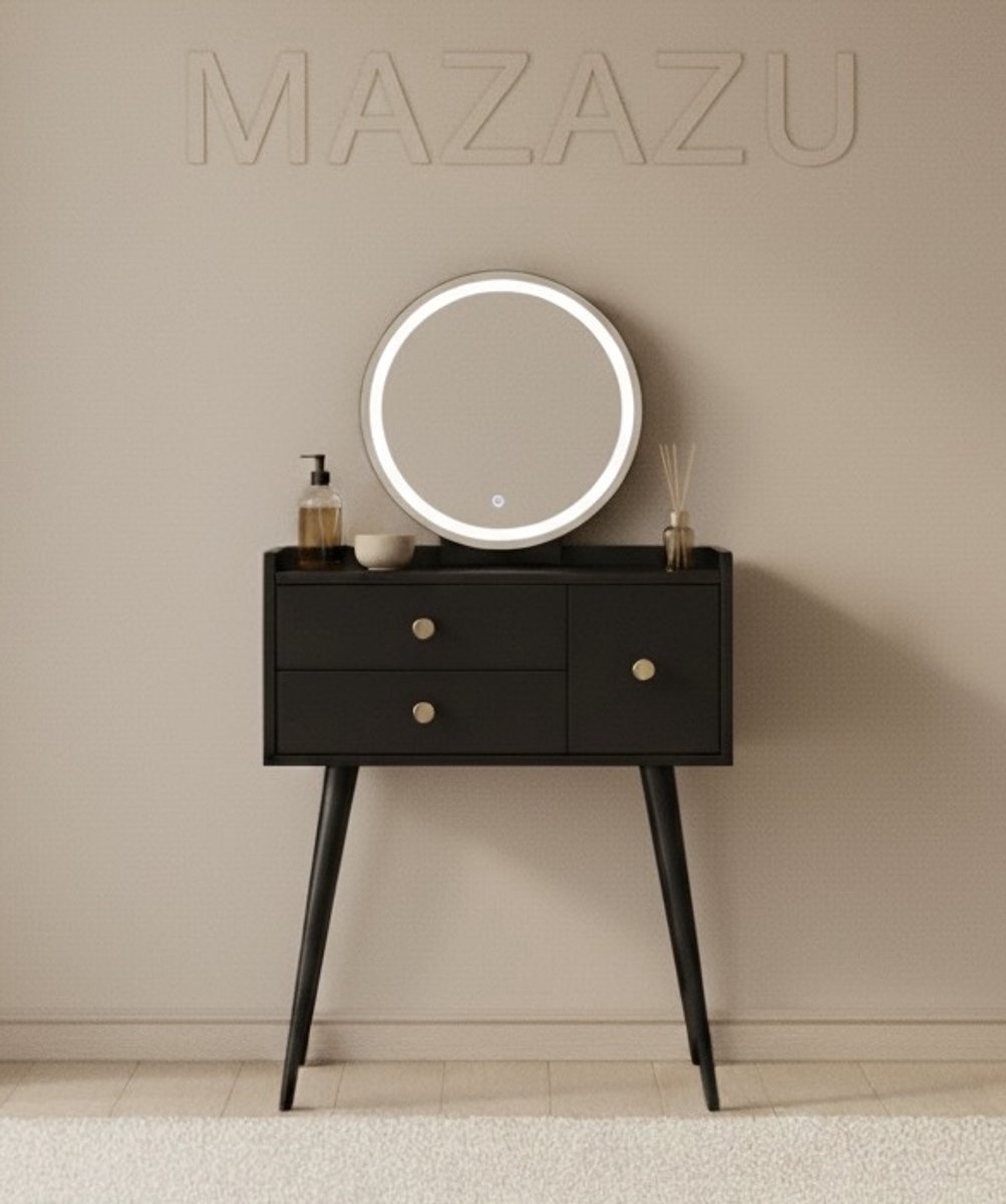 MAZAZU Kaptafel zwart met lades en LED-spiegel –Make up - tafel – 135cm