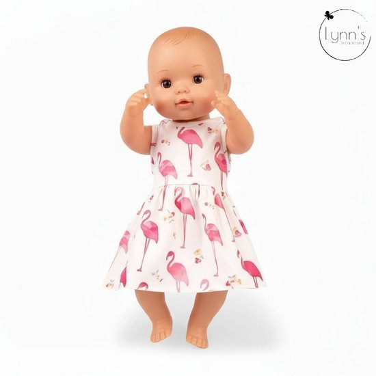 Lynn's poppenkleertjes - Geschikt voor Babypop - Flamingo jurk met onderbroekje - Roze zomer & lente outfit voor 43cm pop - In cadeauzakje