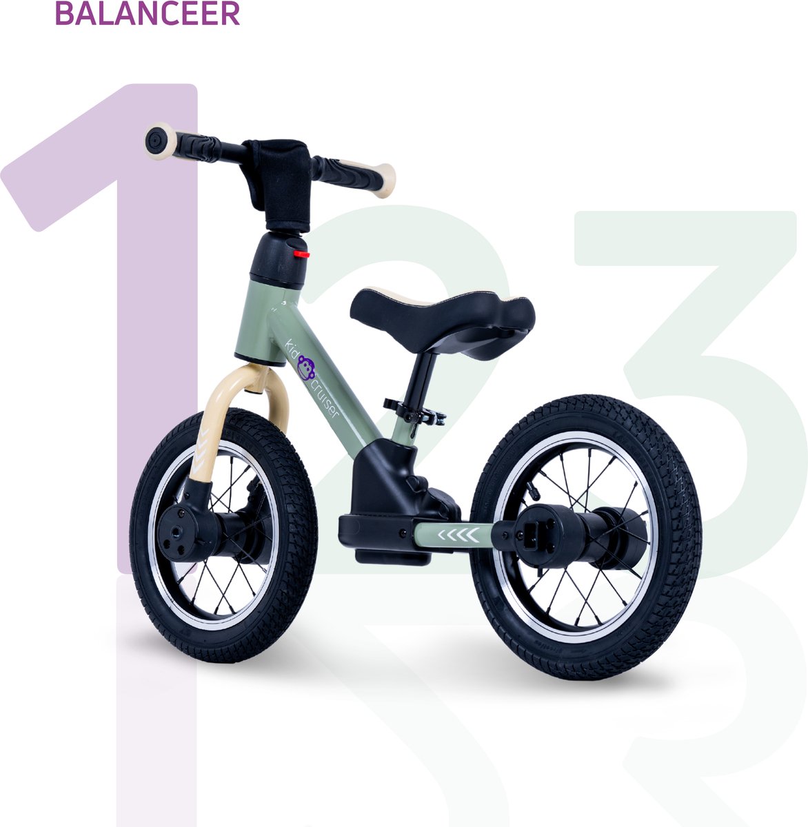 Kidcruiser Loopfiets 2+ jaar - Optioneel met LED Zijwieltjes & Trappers - 3-in-1 Kinderfiets - 12 inch – Lichtgroen – Modulair Design — afbeelding 5