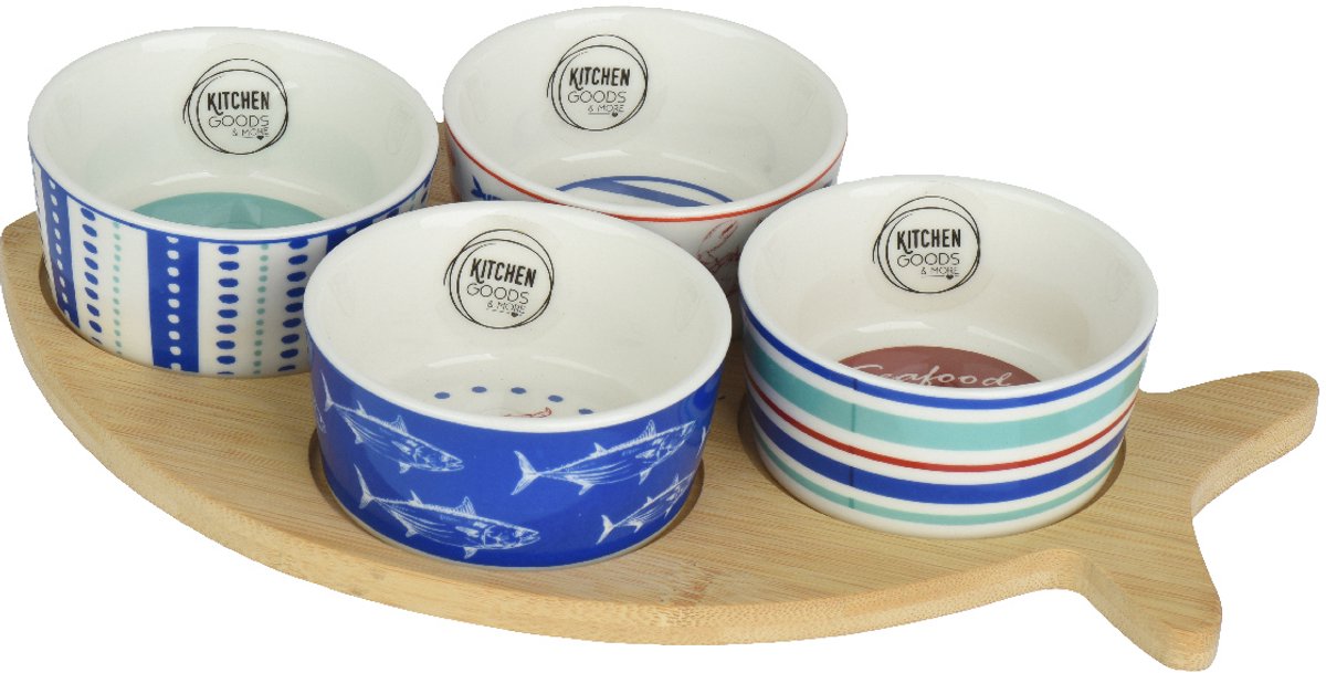 Decoris - Tapasset - Houten Tapasplank Vis met 4 Porseleinen Schaaltjes - L 28,5cm
