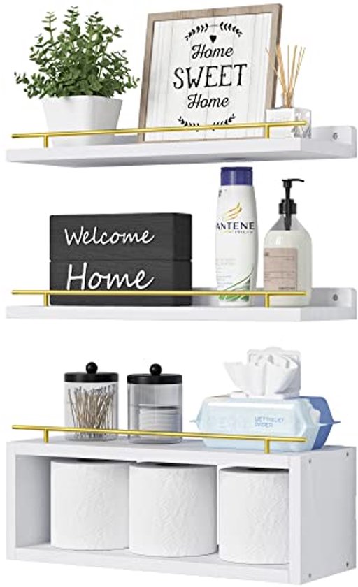 RICHER HOUSE Zwevende wandplanken, rustieke houten badkamerplanken, set van 4, boerderijstijl zwevende plank voor wanddecoratie, hangende planken voor slaapkamer, opslag, keuken, woonkamer - zwart