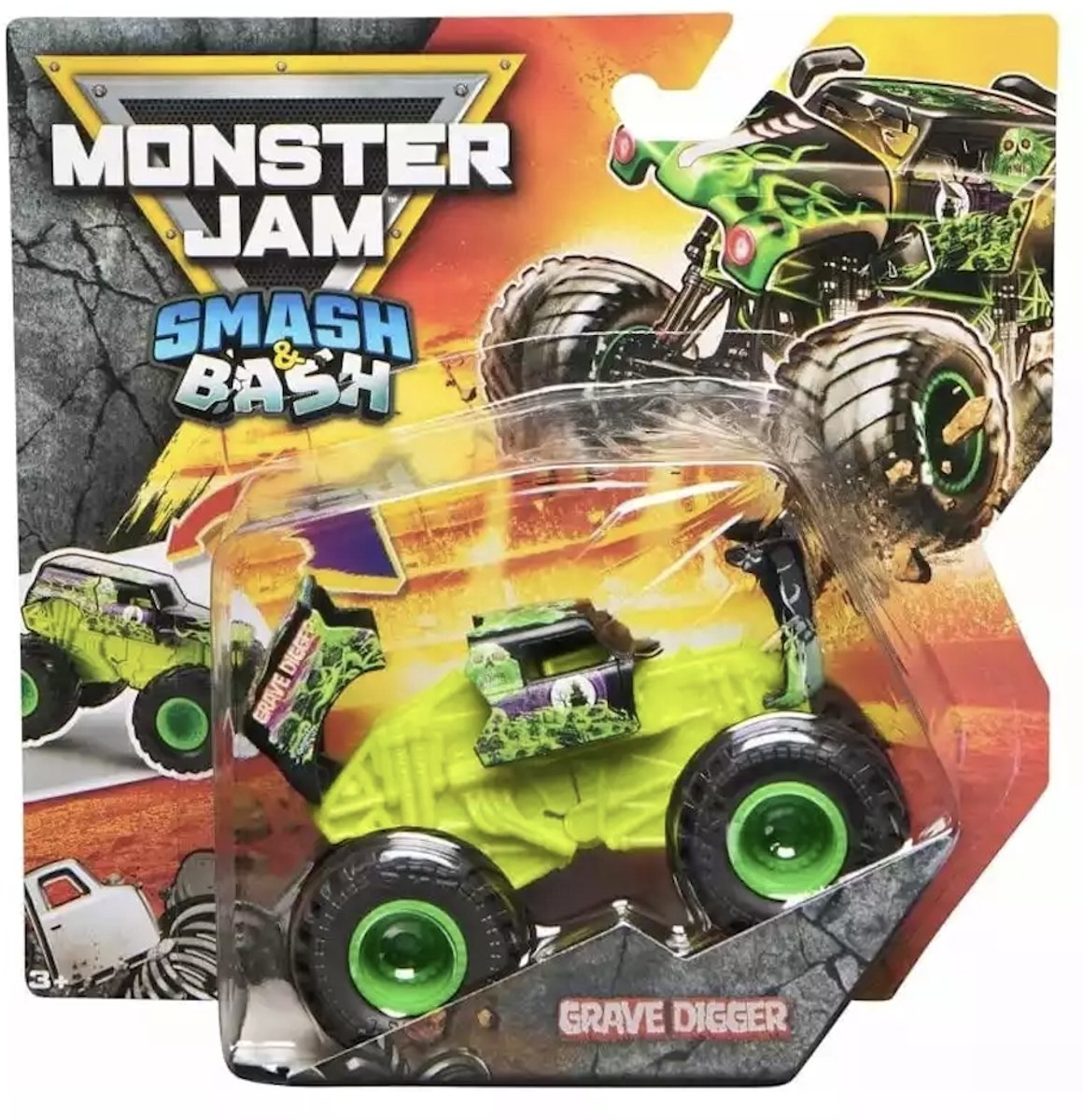 Hot Wheels Monster Jam truck Grave Digger Smash & Bash - monstertruck 9 cm schaal 1:64