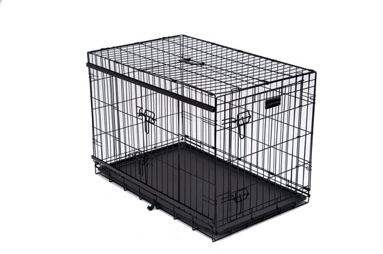Zwarte metalen hondenbench met een roosterbodem en twee deuren.