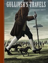 Boekomslag 'Gulliver's Travels' van Jonathan Swift, met een grote figuur in bruine jas die over een veld met kleine soldaten en paarden loopt.