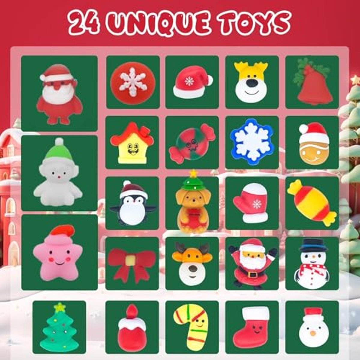 Adventskalender 2024 met 24 Stuks Mochi Squishy Speelgoed voor Kinderen van 3-9 Jaar - Countdown naar Kerstmis