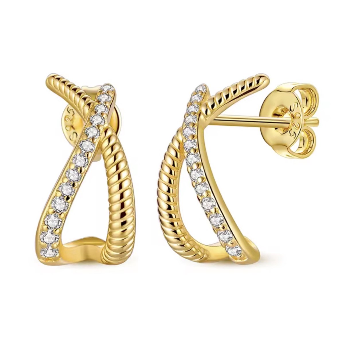 Twist Oorbellen Set met Zirkonia Stenen - 18K Verguld Dames Oorbellen - 925 Streling Zilver - Dames Sieraden