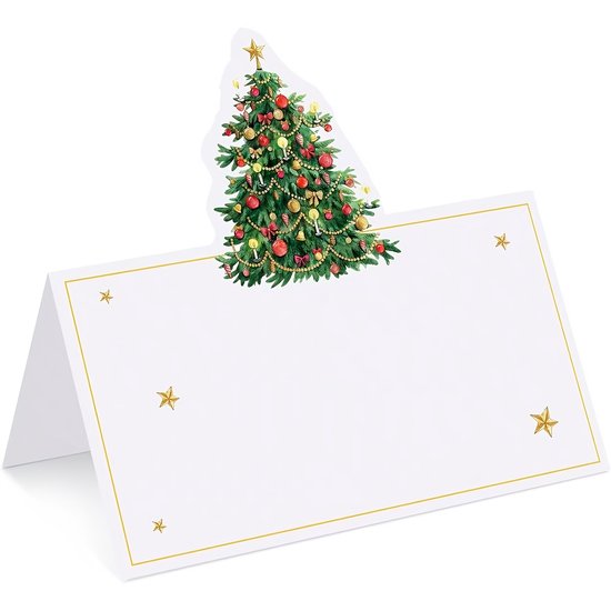 Kerstboom-plaatskaart met gouden sterren en decoraties.