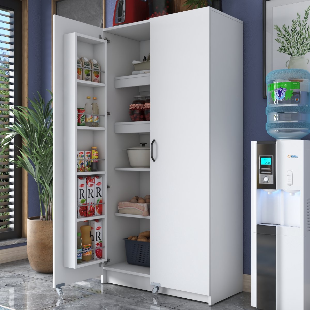 Multifunctionele Opbergkast met Wielen – 2-Deurs Voorraadkast/Keukenkast – Meerdere Legplanken – Wit – Modern Design