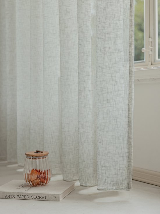 Maroyathome Bibiana - Vitrage - Kant en klaar - Plooiband - Loodveter - Schelphaken - Embrasse - LICHTGRIJS GROEN - 300 x 260 cm - 300 cm breed - 260 cm lengte - 1 stuks