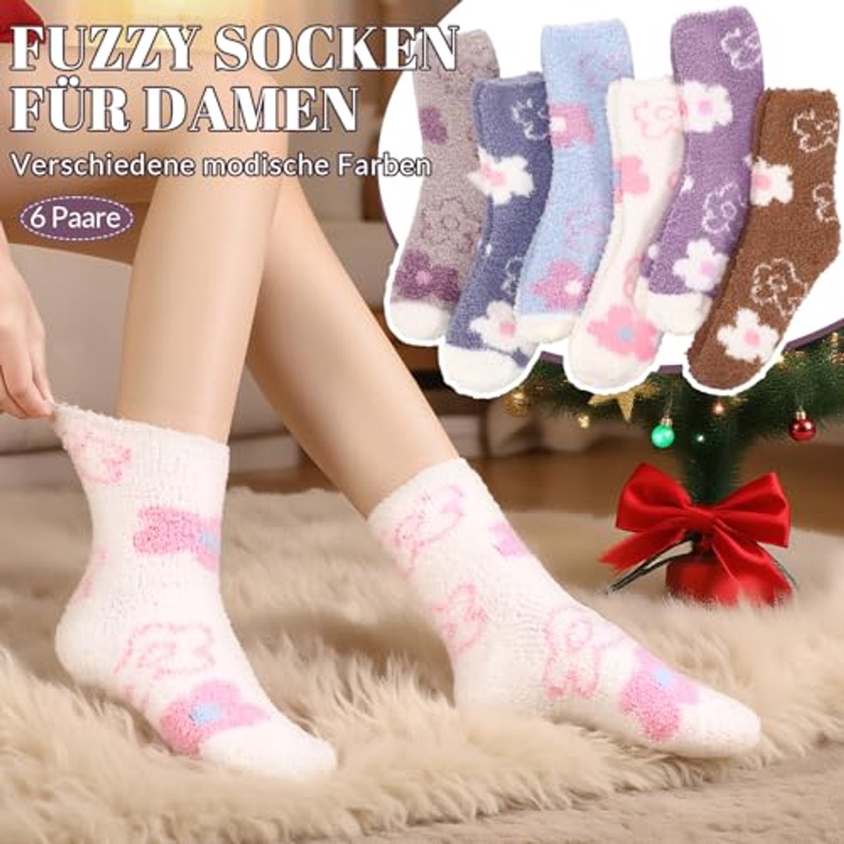 Knuffelsokken voor dames, cadeauset, Kerstmis, 2 paar wollige warme sokken, wollen sokken met geschenkdoos, wintersokken, slaapsokken, als kerstcadeau voor vrouwen, mama, oma (maat 35-42