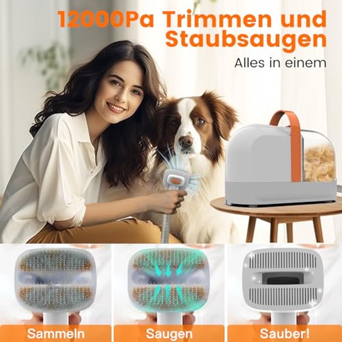 Hondenscheermachine met stofzuiger 12000 Pa - Dierenhaarverwijderaar voor honden en katten, stille tondeuse met onderhoudsgereedschap en 1,4 l stofbak