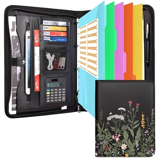 Foto: Conferentiemap a4 met ritssluiting en bloemenpatroon documentenmap en schrijfblok zwart