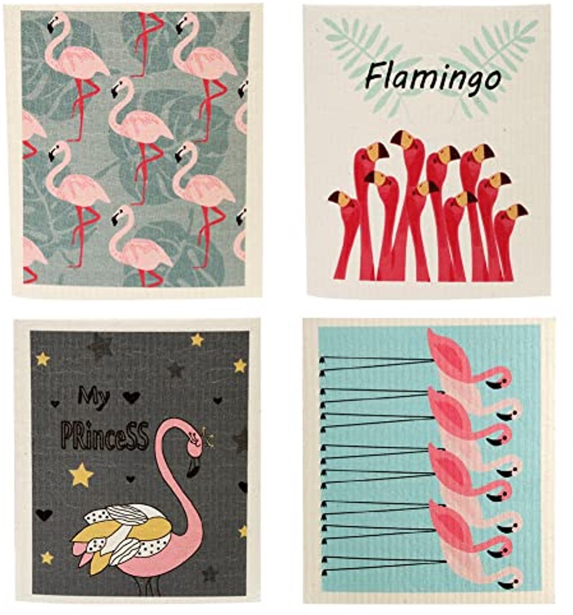 Herbruikbare Keuken Doekjes – Set van 4 Gemengde Flamingo's