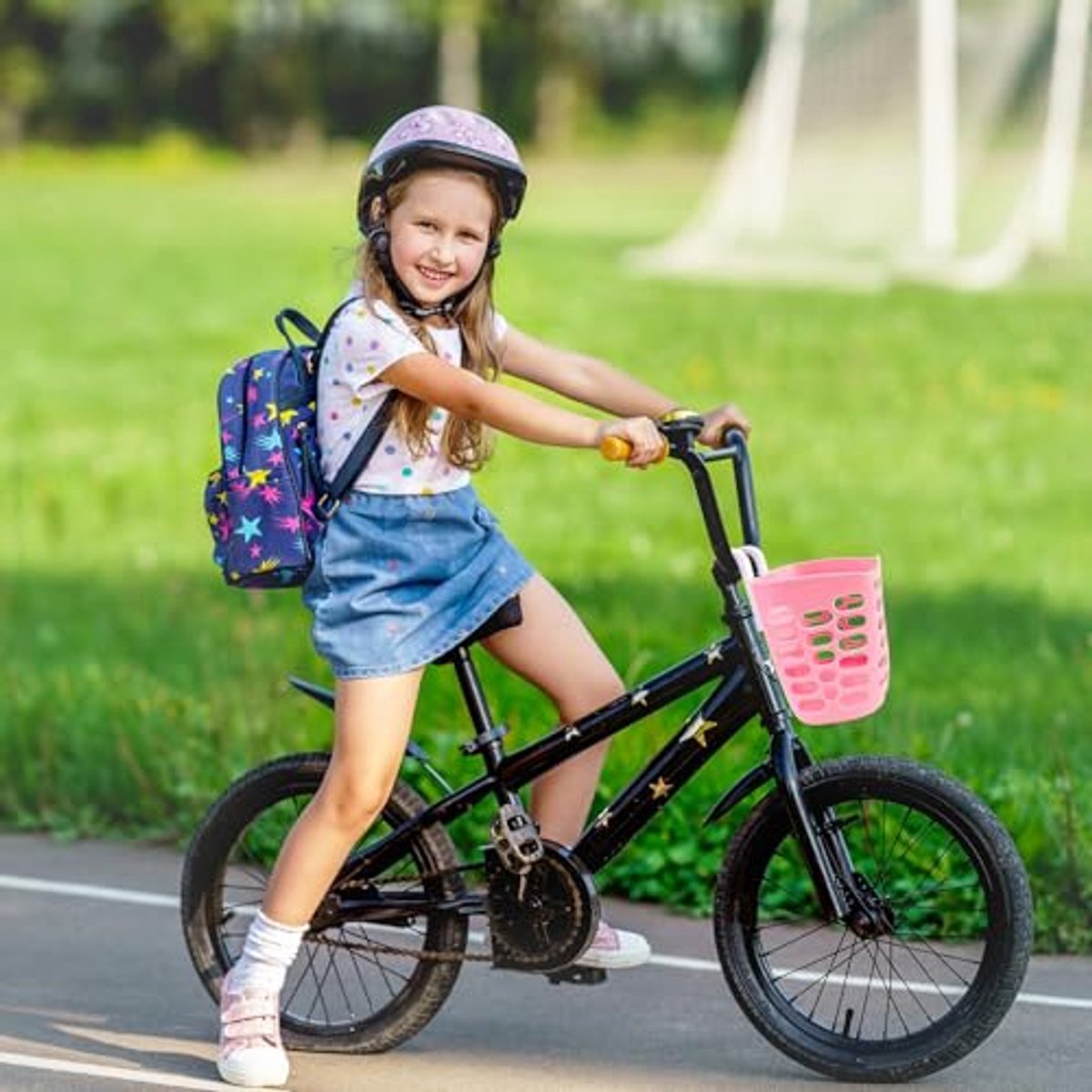 Fietsmand- en belset voor kinderen met decoraties, mand, spaakkralen, bel en windmolen