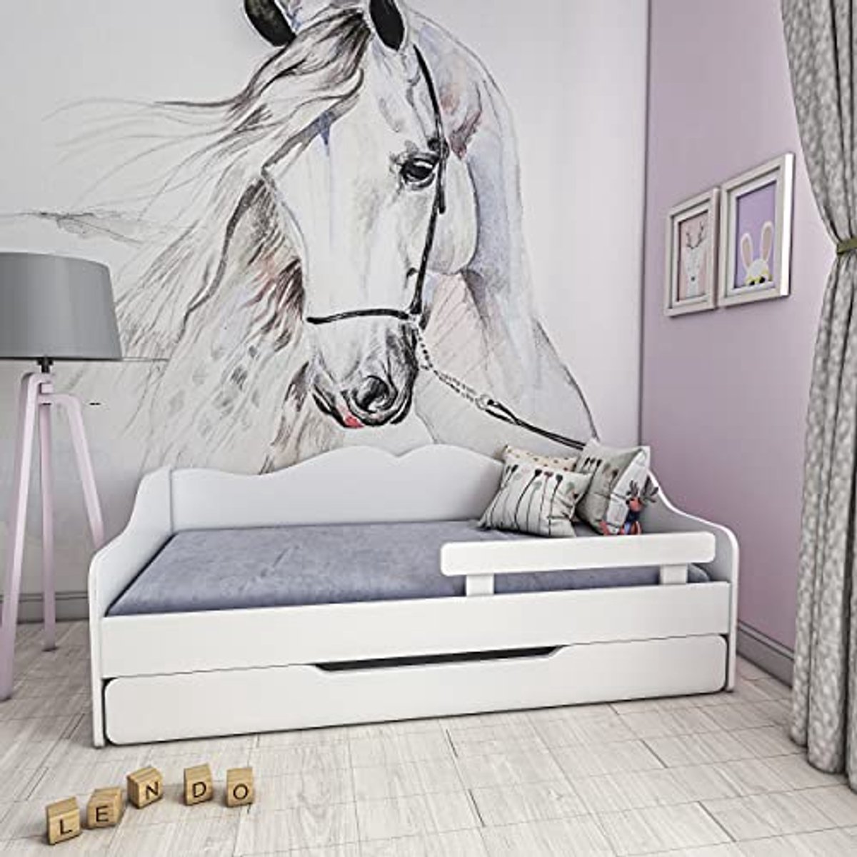 Jeugdbed 180x80cm - Tweepersoonsbed met Lattenbodem, Matrassen, Lade en Valbeveiliging - Uittrekbaar Slaapbank en Logeerbed - Witte Kinderkamer Meubel